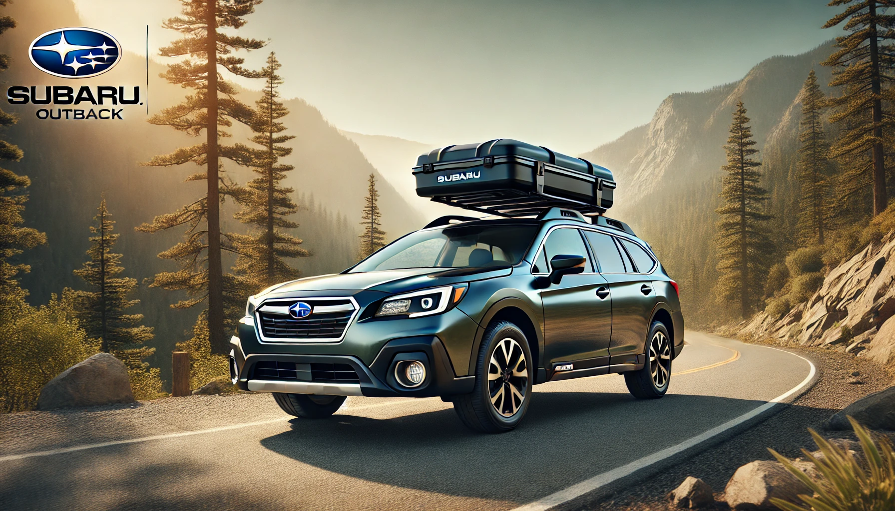 A Subaru Outback with raised roof rails, fitted with a sleek aerodynamic roof rack